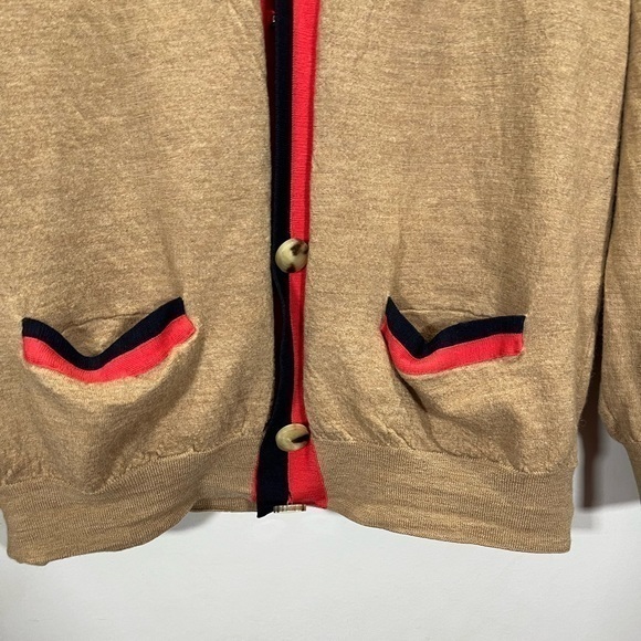 Marc Jacobs Women’s Tan Red Striped 100% Wool Button Front Cardigan Sweater - Picture 6 of 13